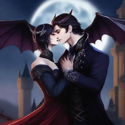 A vampire prince in elegant gothic attire kissing a dragon prince who has shimmering scales and majestic wings