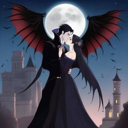 A vampire prince in elegant gothic attire kissing a dragon prince who has shimmering scales and majestic wings