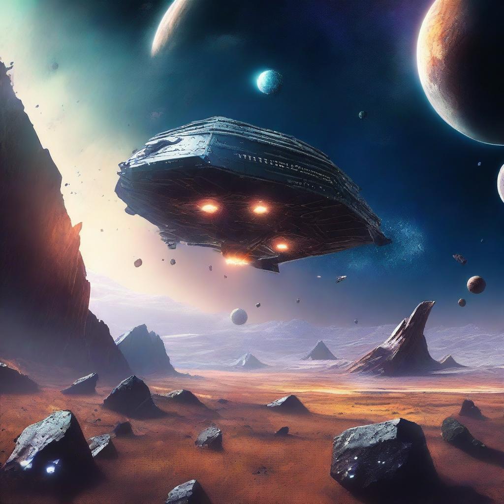 A detailed digital art scene of space exploration, featuring a futuristic spaceship navigating through a field of asteroids with distant stars and galaxies in the background