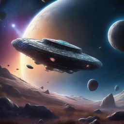 A detailed digital art scene of space exploration, featuring a futuristic spaceship navigating through a field of asteroids with distant stars and galaxies in the background