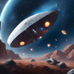 A detailed digital art scene of space exploration, featuring a futuristic spaceship navigating through a field of asteroids with distant stars and galaxies in the background