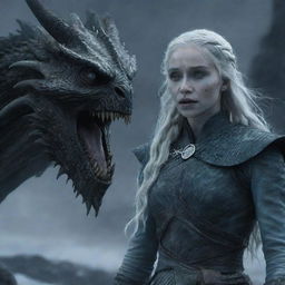 Daenerys Targaryen transformed into a White Walker with an ethereal dragon against a backdrop of dark icy terrain