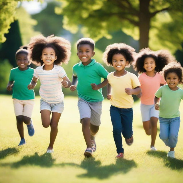 A diverse group of children with different skin tones playing together in a sunny park, with their faces not visible