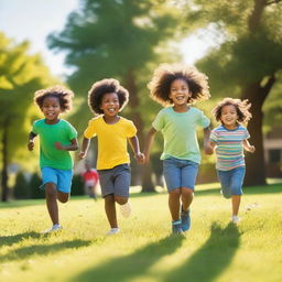 A diverse group of children with different skin tones playing together in a sunny park, with their faces not visible