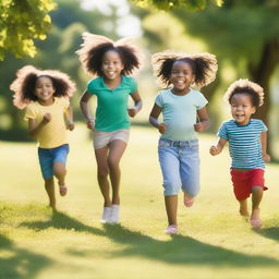 A diverse group of children with different skin tones playing together in a sunny park, with their faces not visible