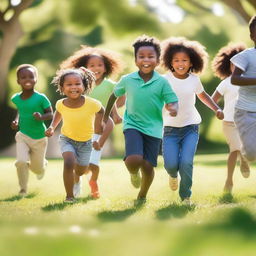 A diverse group of children with different skin tones playing together in a sunny park, with their faces not visible