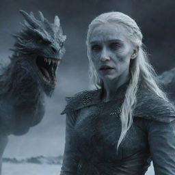 Daenerys Targaryen transformed into a White Walker with an ethereal dragon against a backdrop of dark icy terrain