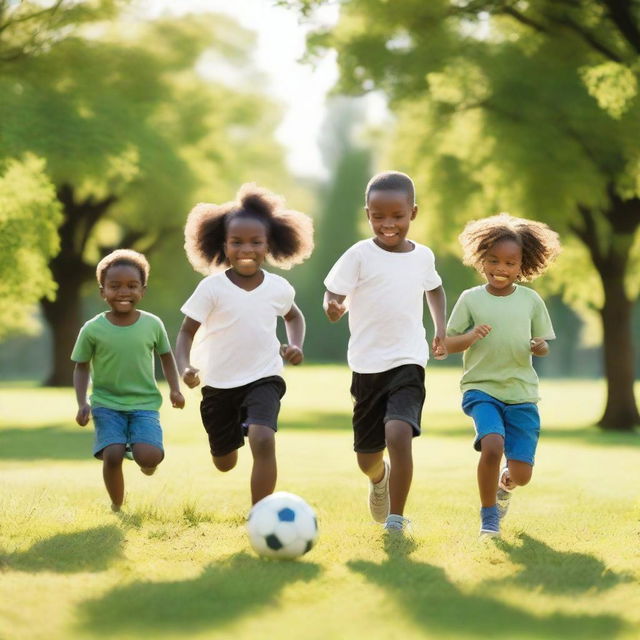 A group of white and black children playing together in a sunny park