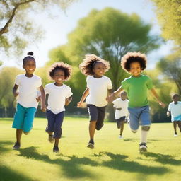 A group of white and black children playing together in a sunny park