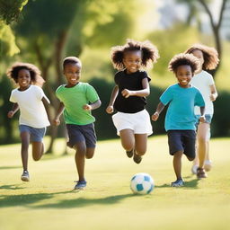 A group of white and black children playing together in a sunny park