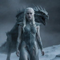 Daenerys Targaryen transformed into a White Walker with an ethereal dragon against a backdrop of dark icy terrain