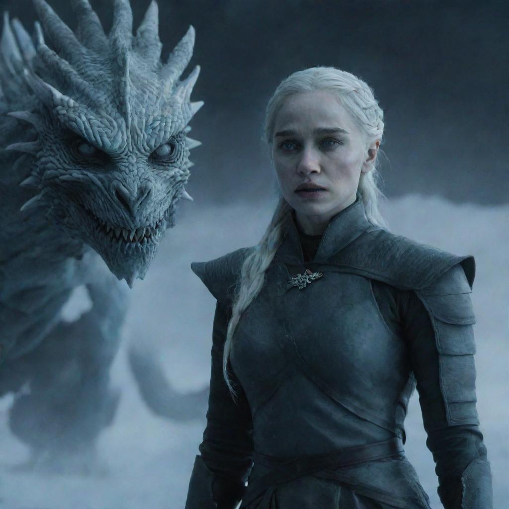 Daenerys Targaryen as a White Walker, with an icy dragon in a dark glacial environment and a shadowy army of White Walkers behind her