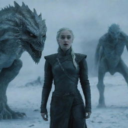 Daenerys Targaryen as a White Walker, with an icy dragon in a dark glacial environment and a shadowy army of White Walkers behind her