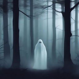 A lonely ghost wandering through a dense, dark forest at night