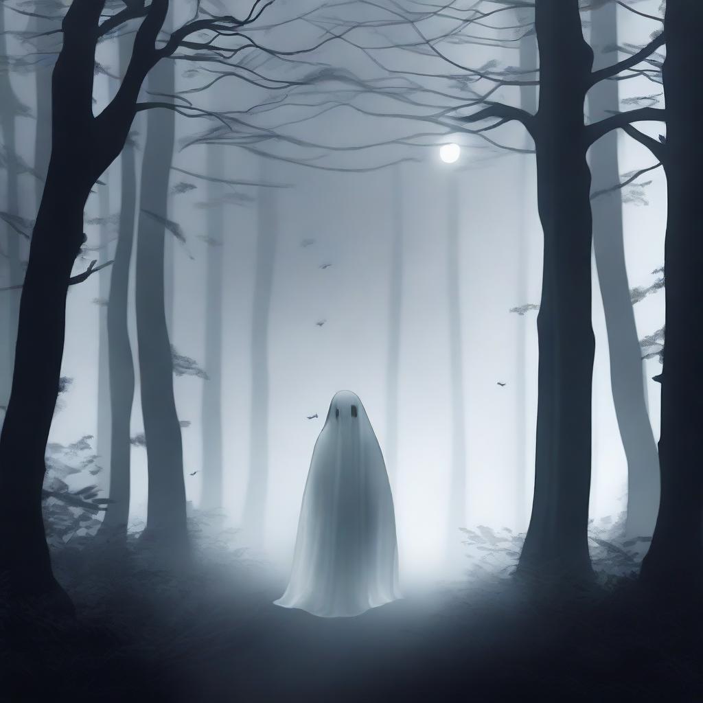 A lonely ghost wandering through a dense, dark forest at night