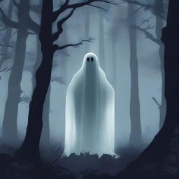 A lonely ghost wandering through a dense, dark forest at night