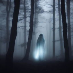 A lonely ghost wandering through a dense, dark forest at night