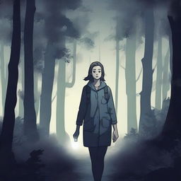 A lost woman wandering through a dense, dark forest at night