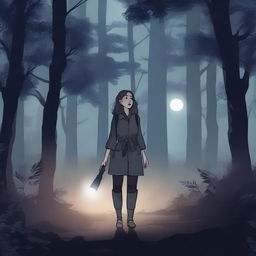 A lost woman wandering through a dense, dark forest at night