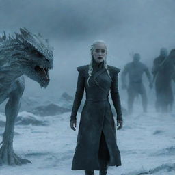 Daenerys Targaryen as a White Walker, with an icy dragon in a dark glacial environment and a shadowy army of White Walkers behind her