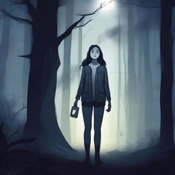 A lost woman wandering through a dense, dark forest at night