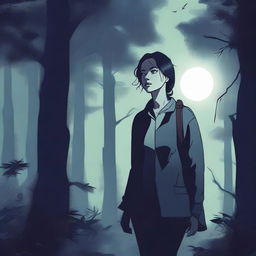 A lost woman wandering through a dense, dark forest at night