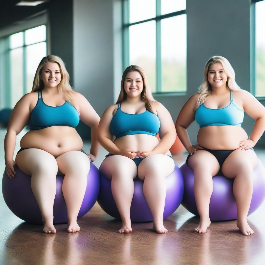 Three smiling, overweight girls with wide hips, big wide thighs, and hourglass bodies are sitting on underinflated yoga balls in a gym