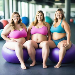 Three smiling, overweight girls with wide hips, big wide thighs, and hourglass bodies are sitting on underinflated yoga balls in a gym