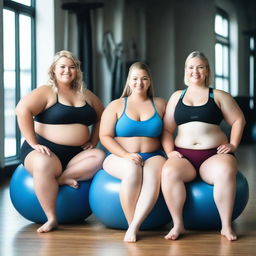 Three smiling, overweight girls with wide hips, big wide thighs, and hourglass bodies are sitting on underinflated yoga balls in a gym