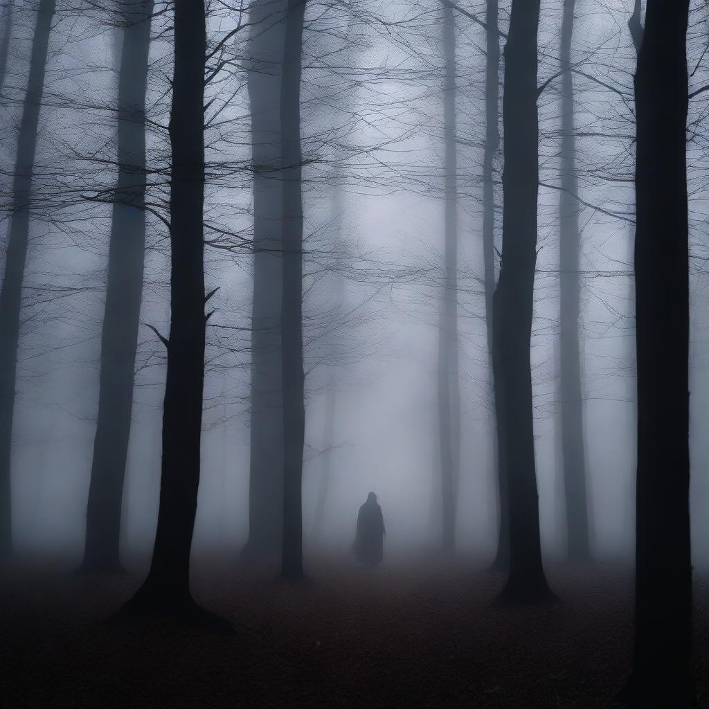 A dark image of a person standing alone in a dense forest at night