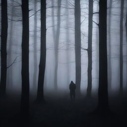 A dark image of a person standing alone in a dense forest at night