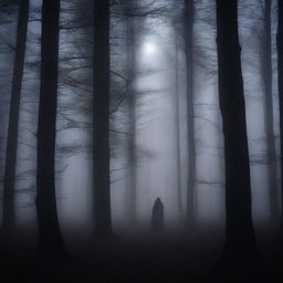 A dark image of a person standing alone in a dense forest at night