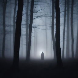 A dark image of a person standing alone in a dense forest at night