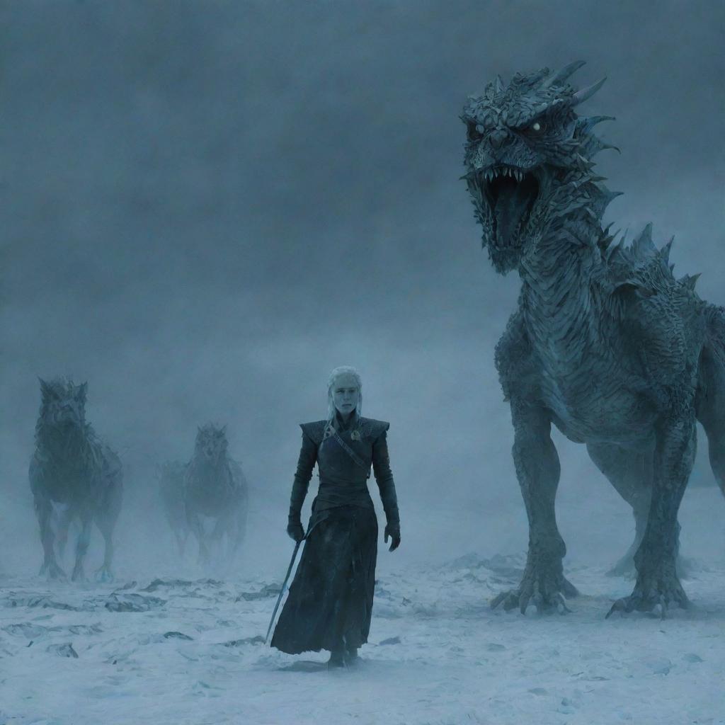 Daenerys Targaryen as a White Walker, with an icy dragon in a dark glacial environment and a shadowy army of White Walkers behind her