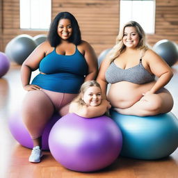 Three smiling, overweight girls with wide hips, big wide thighs, and hourglass bodies are sitting on underinflated yoga balls in a gym