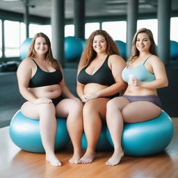 Three smiling, overweight girls with wide hips, big wide thighs, and hourglass bodies are sitting on underinflated yoga balls in a gym