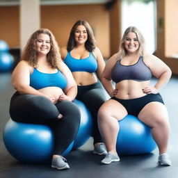 Three smiling, overweight girls with wide hips, big wide thighs, and hourglass bodies are sitting on underinflated yoga balls in a gym