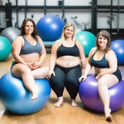 Three smiling, overweight girls with wide hips, big wide thighs, and hourglass bodies are sitting on underinflated yoga balls in a gym