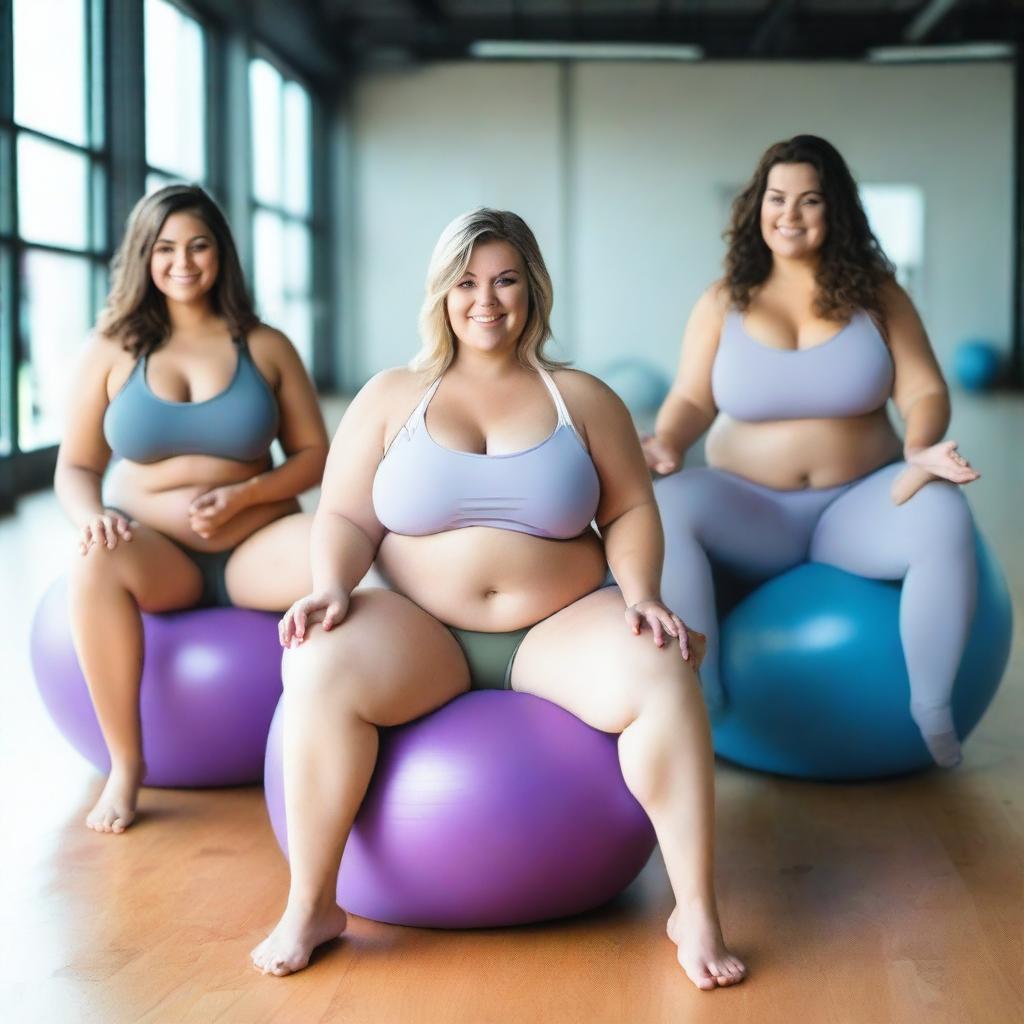 Three smiling, overweight girls with wide hips, big wide thighs, and hourglass bodies are sitting on underinflated yoga balls in a gym