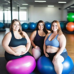 Three smiling, overweight girls with wide hips, big wide thighs, and hourglass bodies are sitting on underinflated yoga balls in a gym