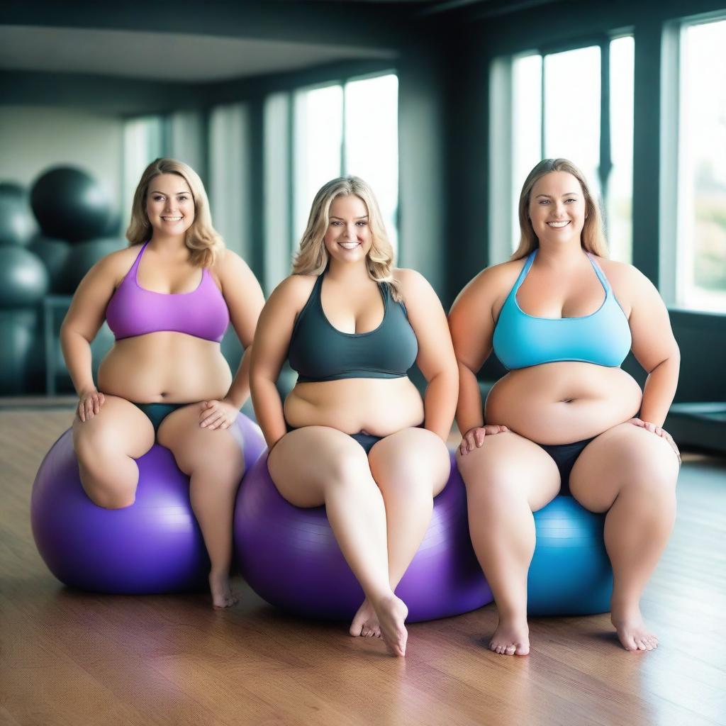 Three smiling, overweight girls with wide hips, big wide thighs, and hourglass bodies are sitting on underinflated yoga balls in a gym