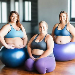 Three smiling, overweight girls with wide hips, big wide thighs, and hourglass bodies are sitting on underinflated yoga balls in a gym