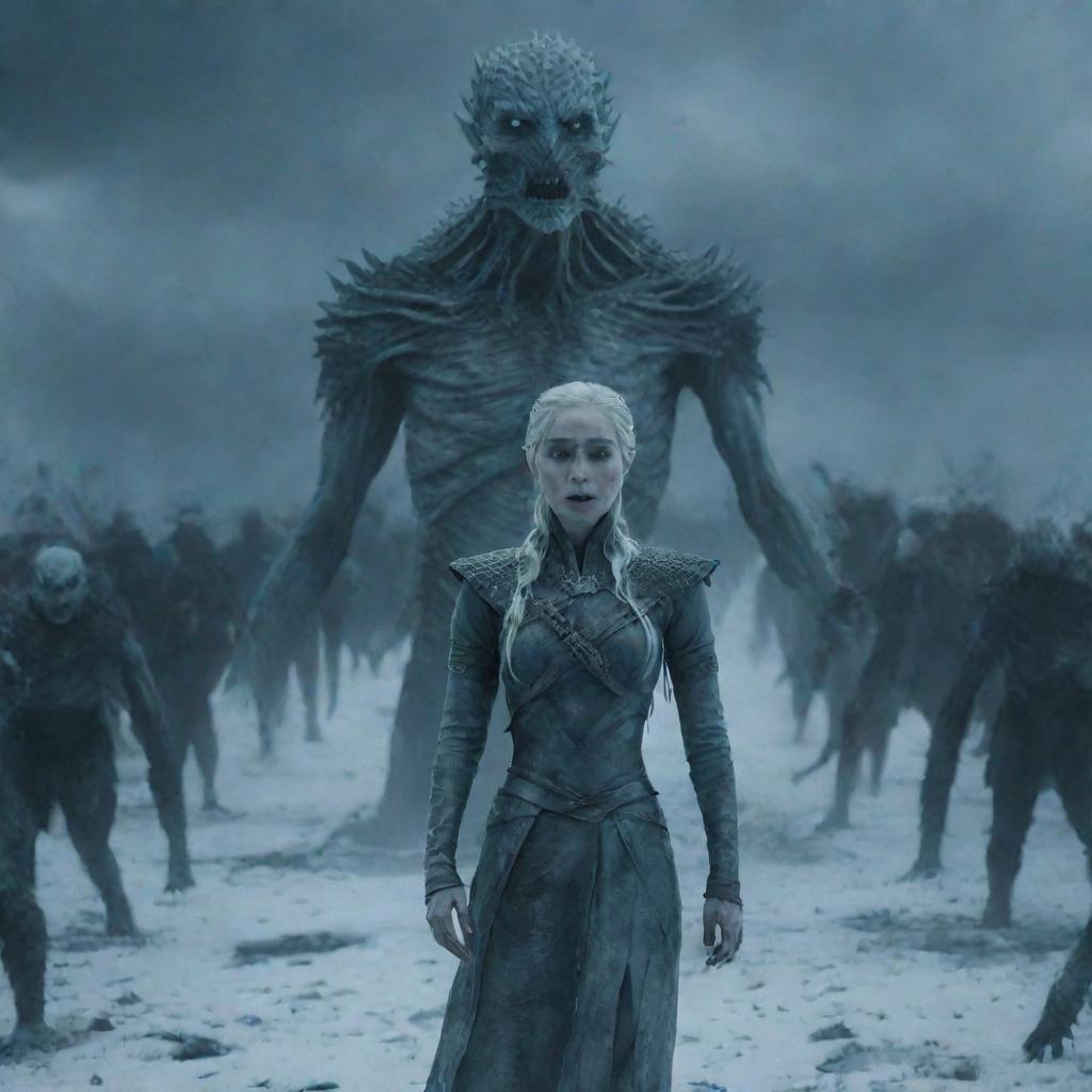 Daenerys Targaryen, transformed into a White Walker with a dragon, standing in front of an imposing army of White Walkers