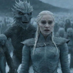 Daenerys Targaryen, transformed into a White Walker with a dragon, standing in front of an imposing army of White Walkers