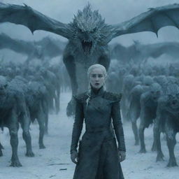 Daenerys Targaryen, transformed into a White Walker with a dragon, standing in front of an imposing army of White Walkers