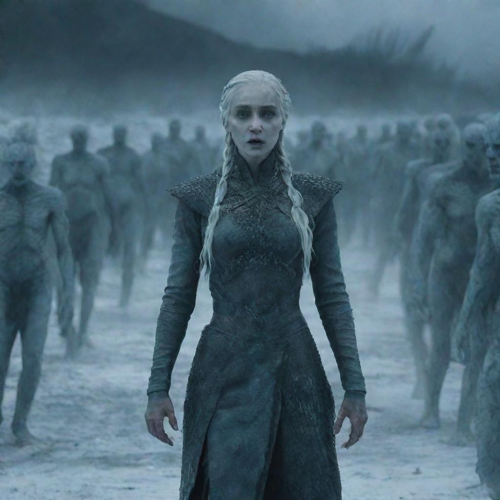 Daenerys Targaryen, transformed into a White Walker with a dragon, standing in front of an imposing army of White Walkers