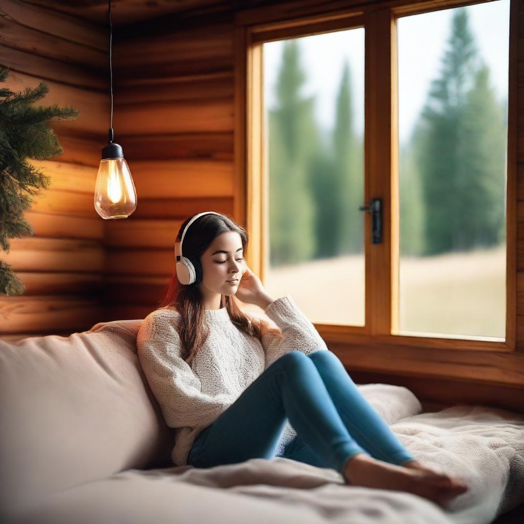 A beautiful girl wearing headphones is relaxing on a sofa in a cozy cabin wood house