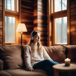 A beautiful girl wearing headphones is relaxing on a sofa in a cozy cabin wood house