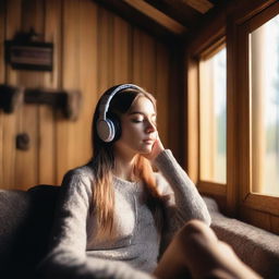 A beautiful girl wearing headphones is relaxing on a sofa in a cozy cabin wood house