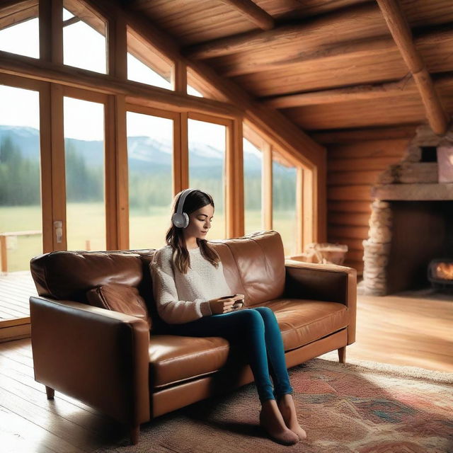 A beautiful girl wearing headphones is relaxing on a sofa in a cozy cabin wood house